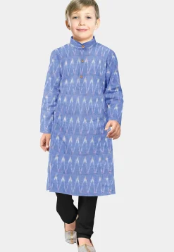 Ikat Woven Cotton Kurta Set in Light Blue