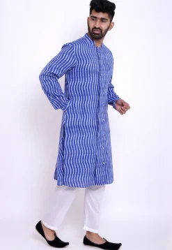 Ikat Woven Cotton Kurta Set in Blue