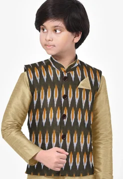 Ikat Woven Cotton Nehru Jacket in Dark Green