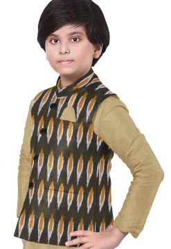 Ikat Woven Cotton Nehru Jacket in Dark Green