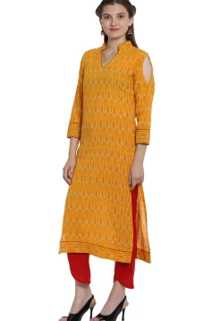 Ikat Woven Cotton Pakistani Suit in Mustard