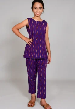 Ikat woven Cotton Short Kurta Set in Purple