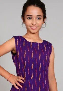 Ikat woven Cotton Short Kurta Set in Purple