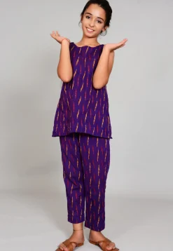 Ikat woven Cotton Short Kurta Set in Purple