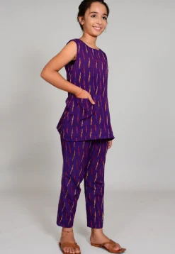 Ikat woven Cotton Short Kurta Set in Purple