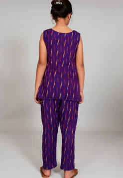 Ikat woven Cotton Short Kurta Set in Purple