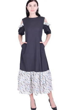 Ikat Woven Cotton Slub Frilled Hem Dress in Dark Grey