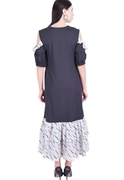 Ikat Woven Cotton Slub Frilled Hem Dress in Dark Grey