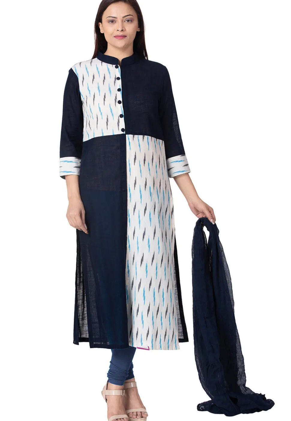 Ikat Woven Cotton Slub Straight Suit in Navy Blue and White