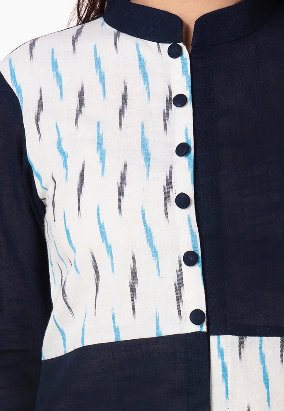 Ikat Woven Cotton Slub Straight Suit in Navy Blue and White