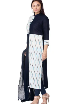 Ikat Woven Cotton Slub Straight Suit in Navy Blue and White