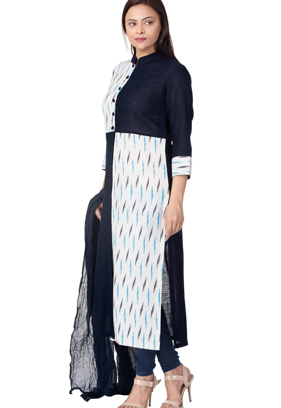 Ikat Woven Cotton Slub Straight Suit in Navy Blue and White
