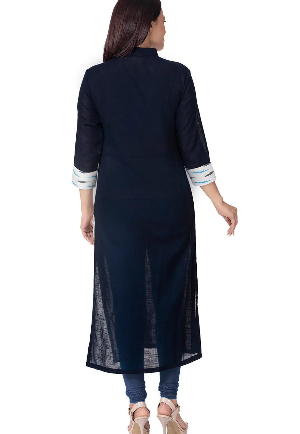 Ikat Woven Cotton Slub Straight Suit in Navy Blue and White