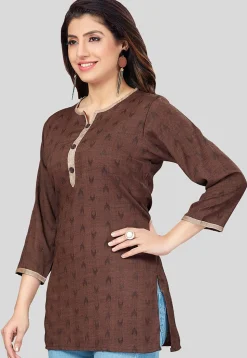 Ikat Woven Rayon Straight Kurti in Brown