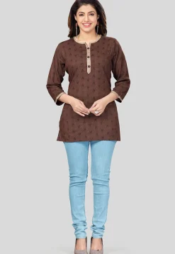 Ikat Woven Rayon Straight Kurti in Brown