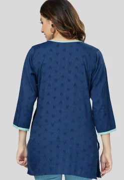 Ikat Woven Rayon Straight Kurti in Navy Blue