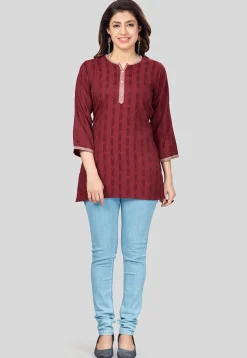 Ikat Woven Rayon Straight Kurti in Maroon