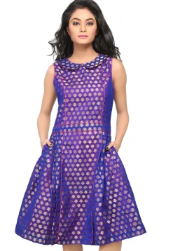 Jacquard Chanderi Silk A Line Dress in Royal Blue