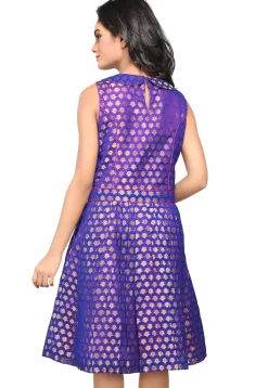 Jacquard Chanderi Silk A Line Dress in Royal Blue