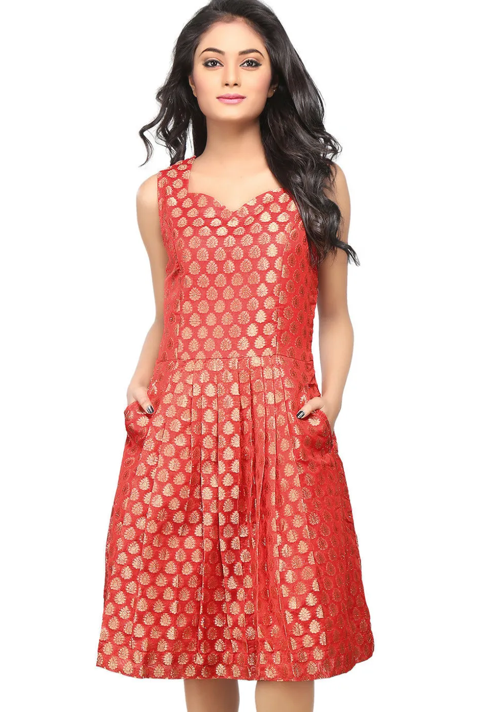 Jacquard Chanderi Silk Jacquard A Line Dress in Red