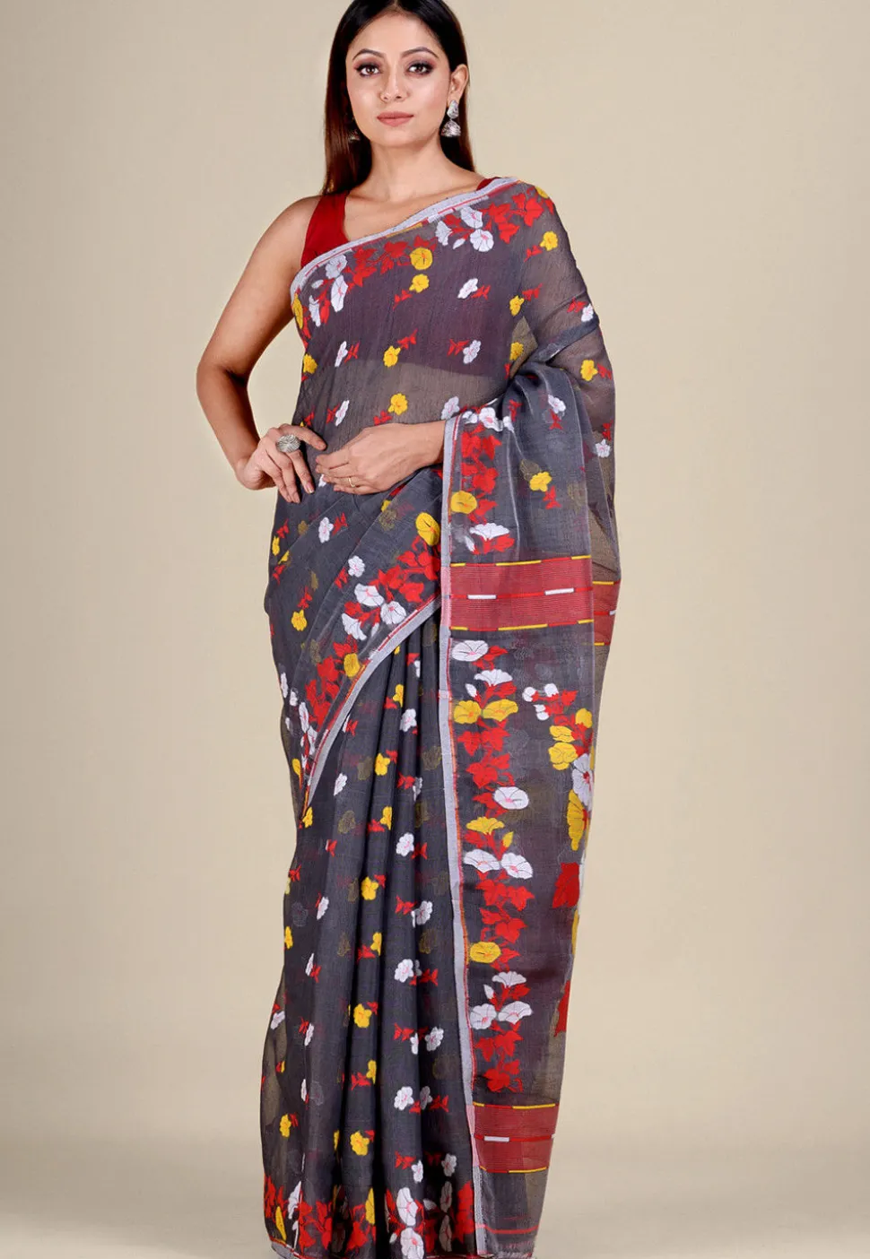 Jamdani Cotton Silk Handloom Saree in Dark Grey