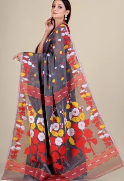 Jamdani Cotton Silk Handloom Saree in Dark Grey