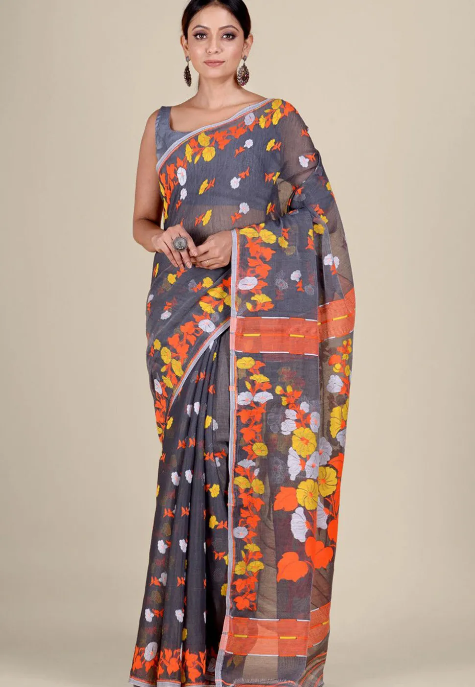 Jamdani Cotton Silk Handloom Saree in Dark Grey