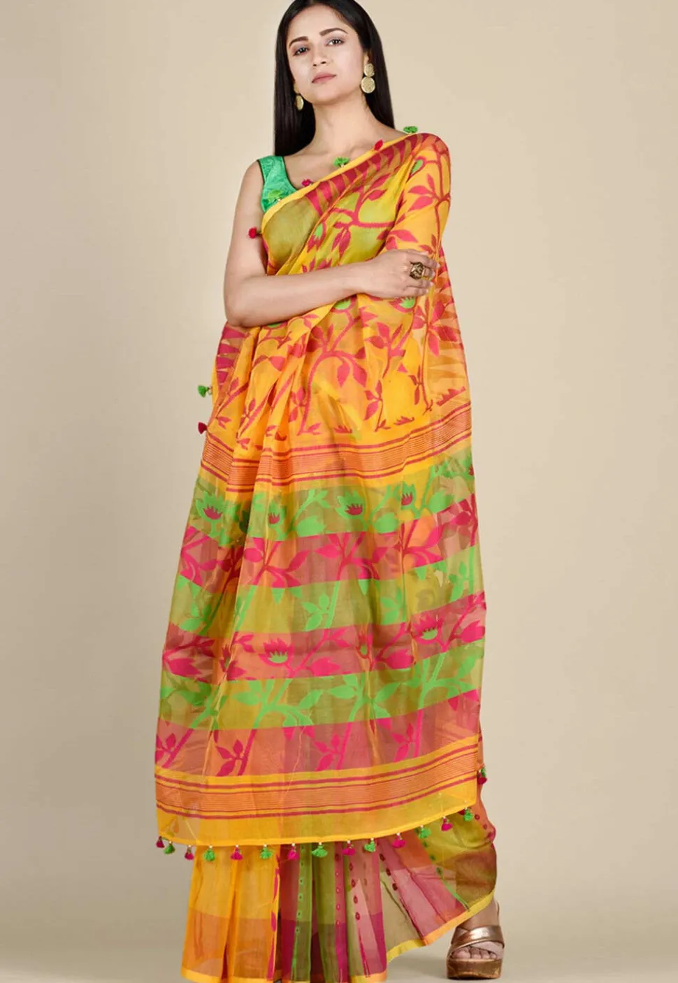 Jamdani Cotton Silk Saree in Yellow