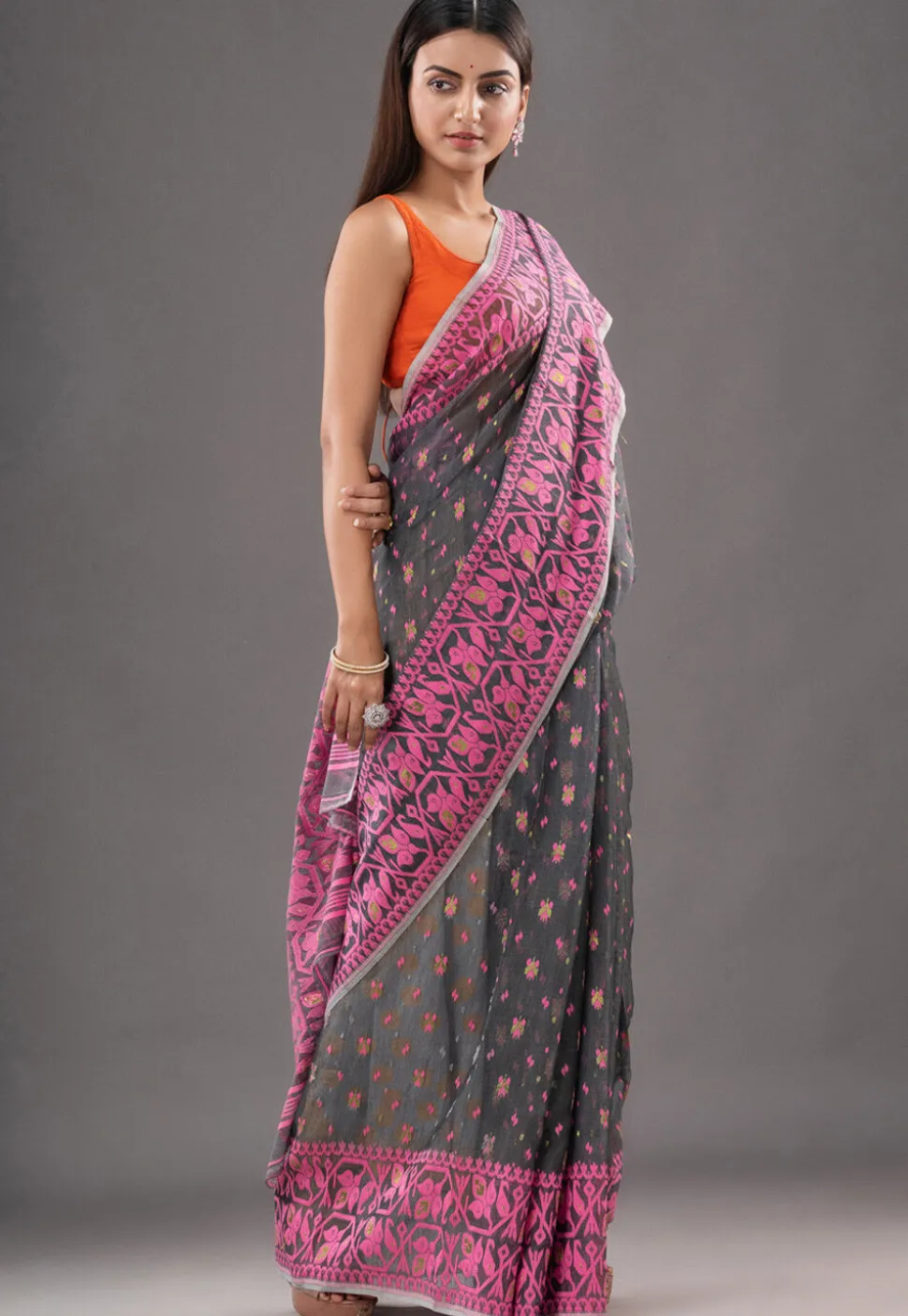 Jamdani Cotton Silk Saree in Grey
