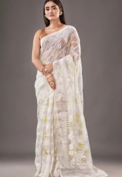 Jamdani Cotton Silk Saree in White