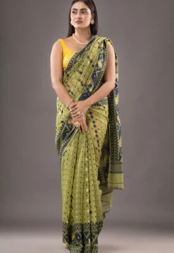 Jamdani Cotton Silk Saree in Olive Green