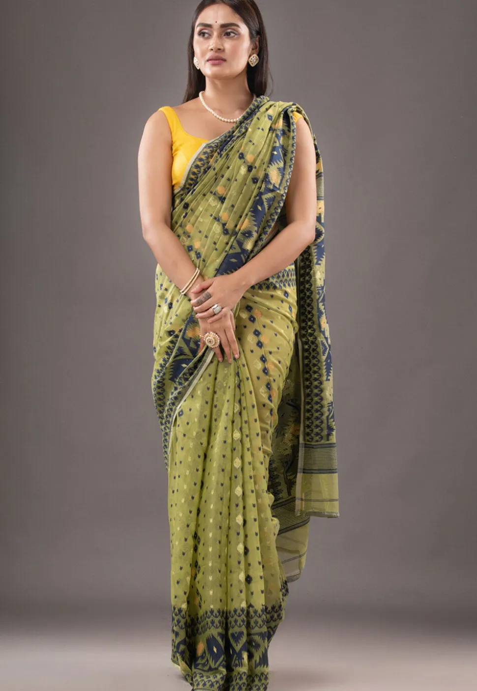 Jamdani Cotton Silk Saree in Olive Green