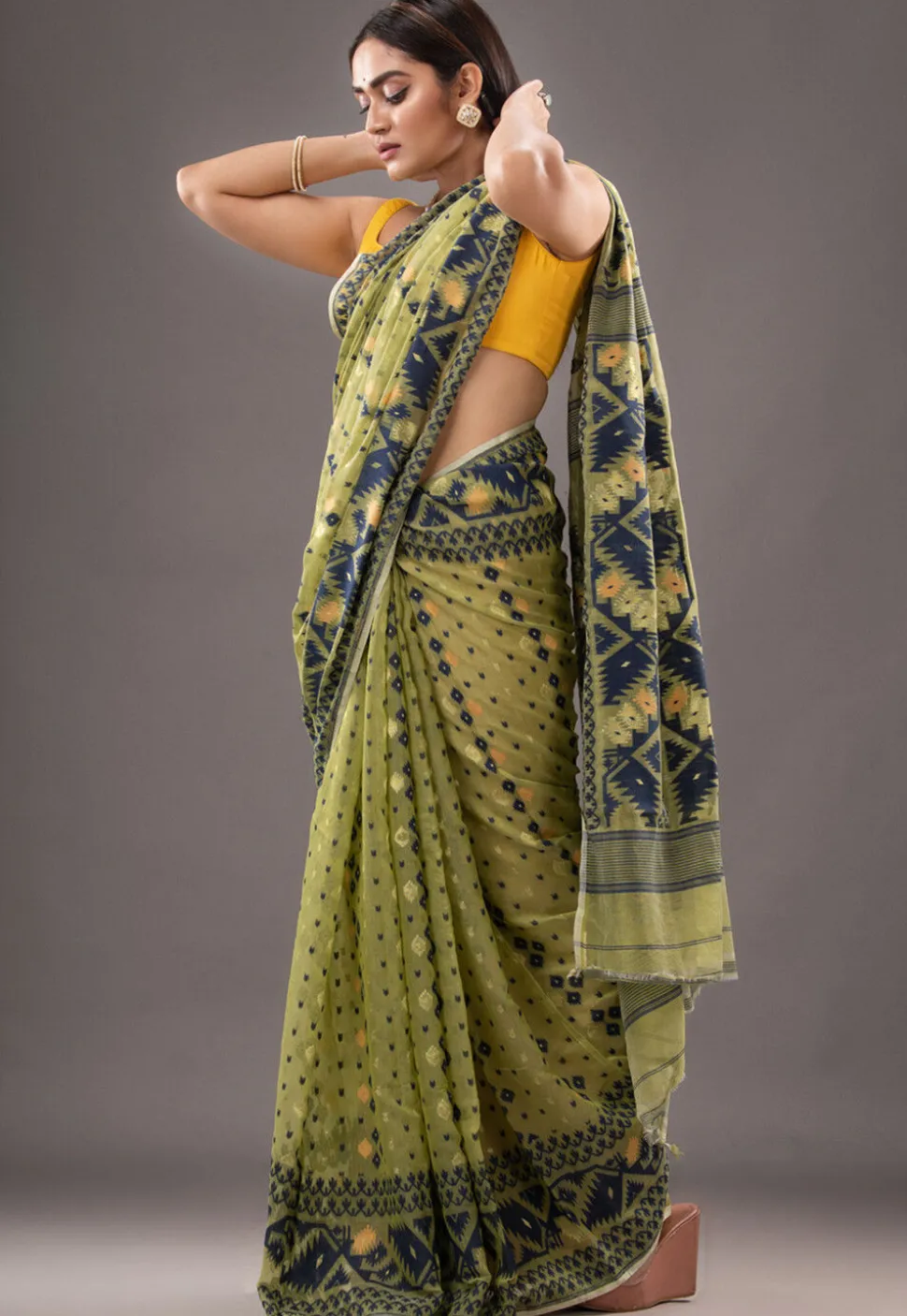 Jamdani Cotton Silk Saree in Olive Green
