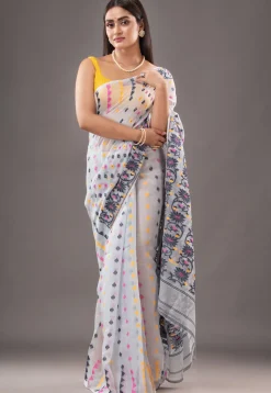 Jamdani Cotton Silk Saree in Off White