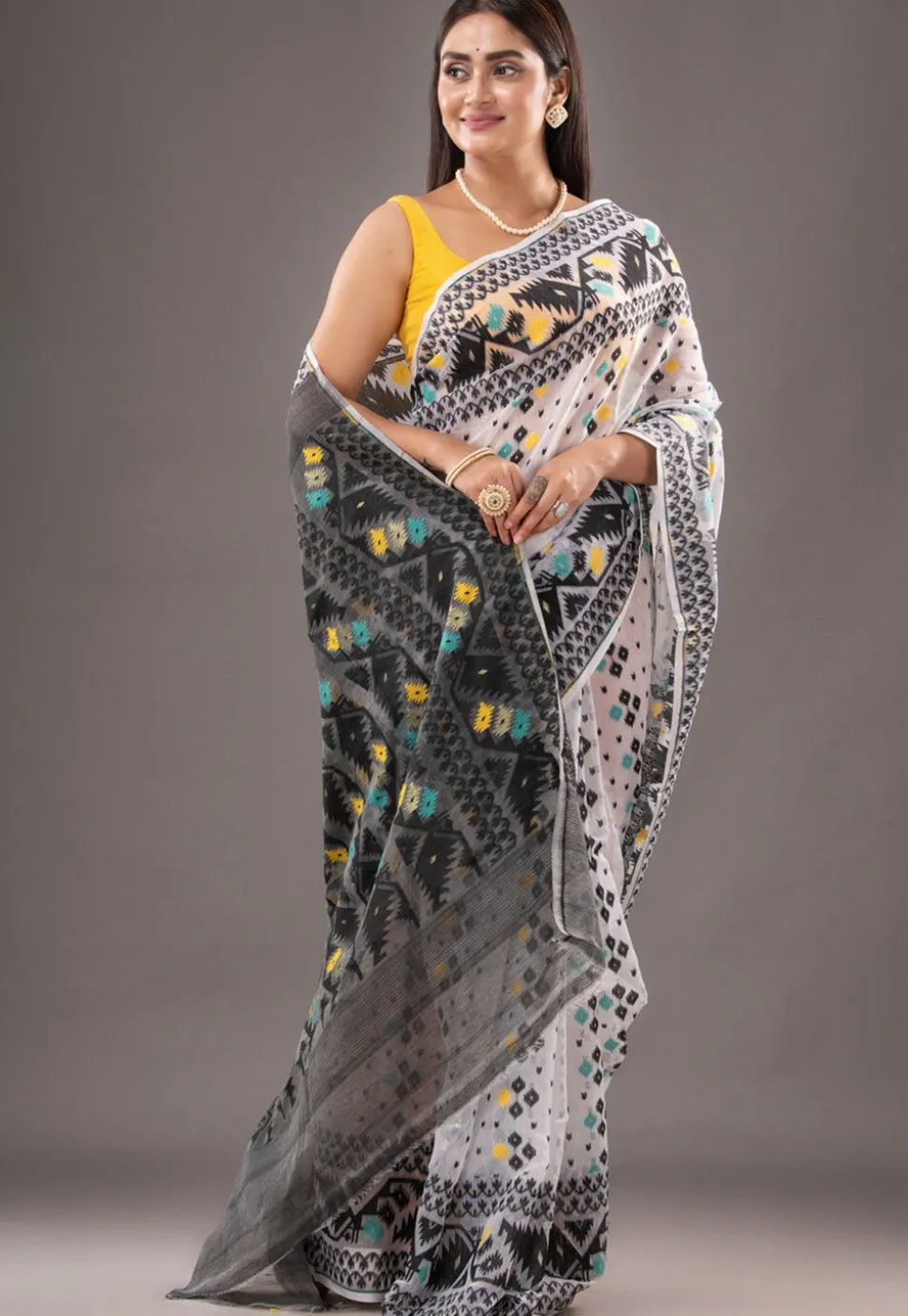 Jamdani Cotton Silk Saree in White