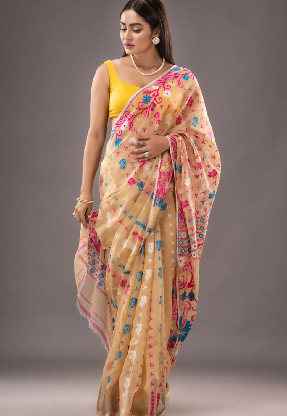 Jamdani Cotton Silk Saree in Beige