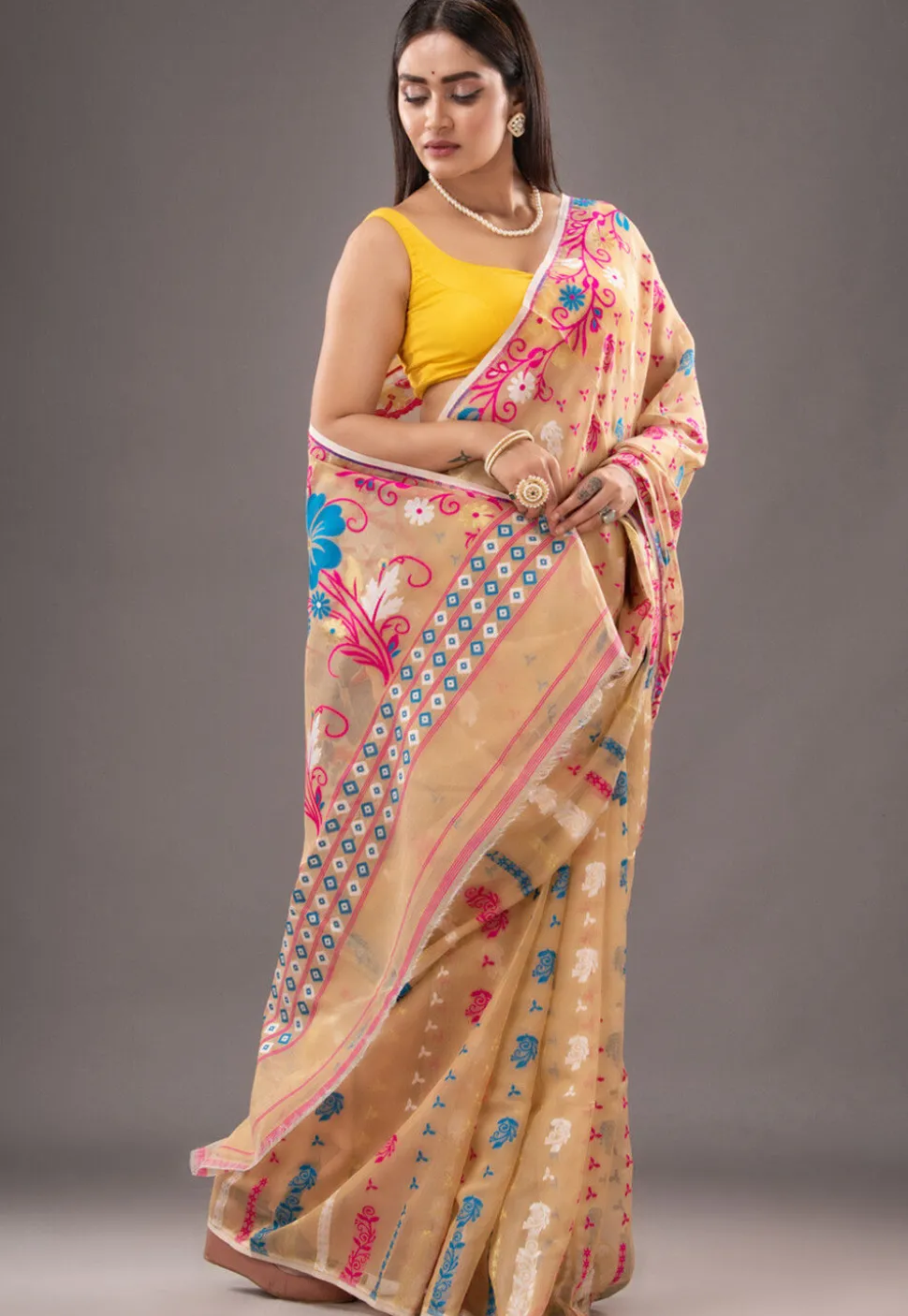 Jamdani Cotton Silk Saree in Beige