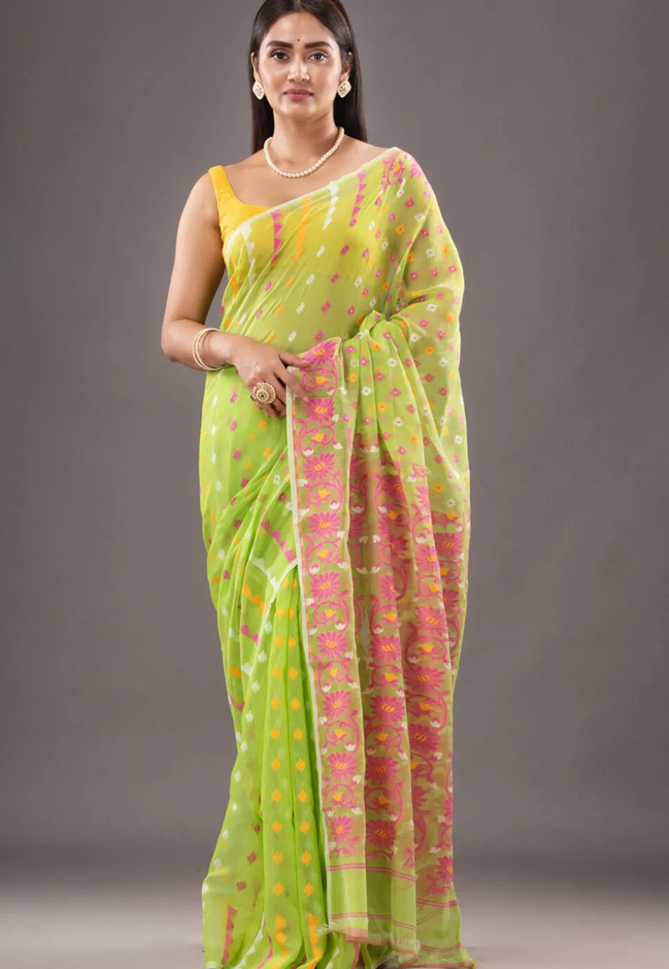 Jamdani Cotton Silk Saree in Light Green