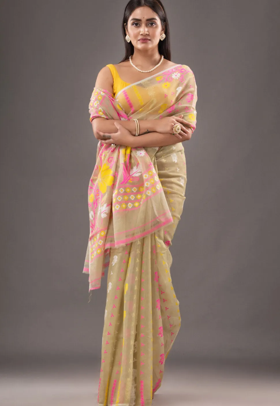 Jamdani Cotton Silk Saree in Beige