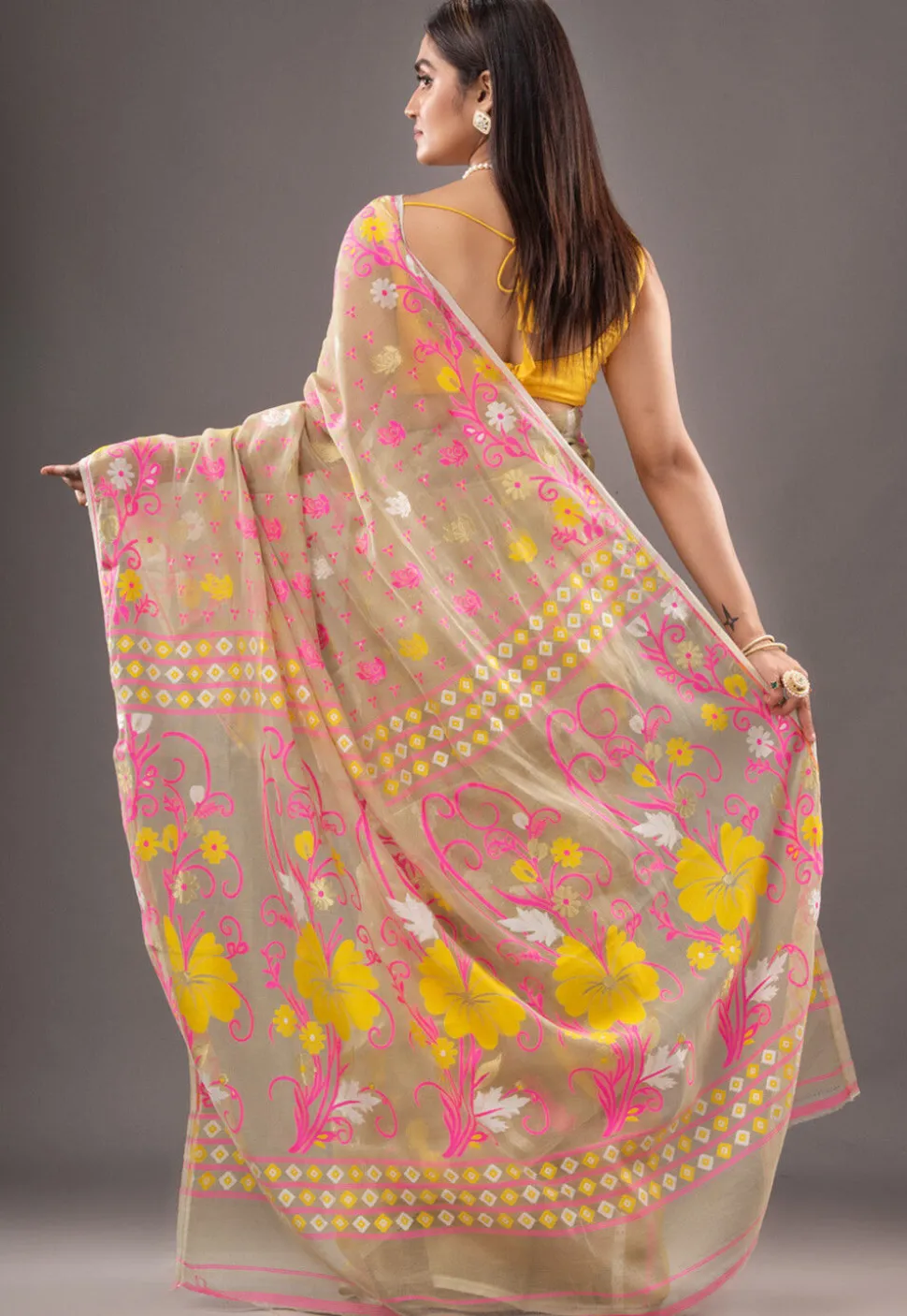Jamdani Cotton Silk Saree in Beige