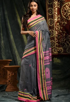Jamdani Pure Cotton Saree in Dark Grey