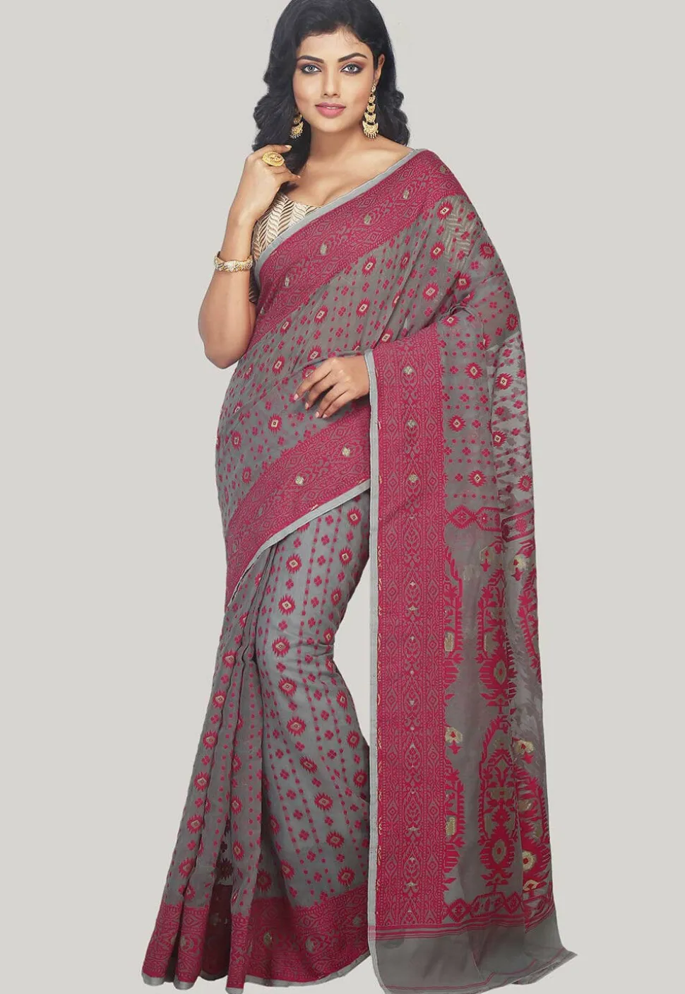 Jamdani Resham Silk Handloom Saree in Grey