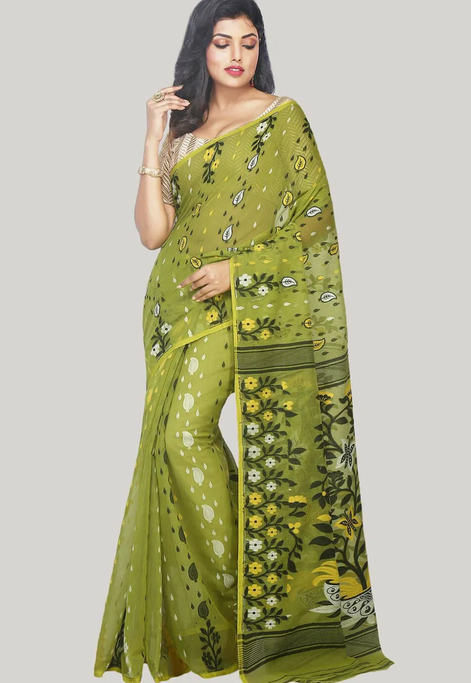 Jamdani Resham Silk Handloom Saree in Light Olive Green