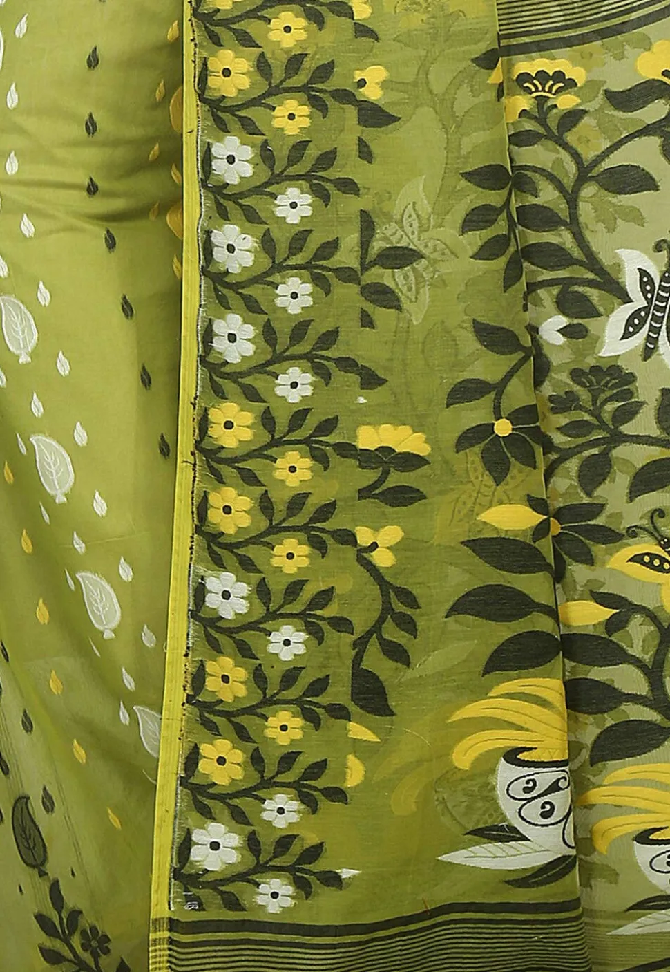 Jamdani Resham Silk Handloom Saree in Light Olive Green