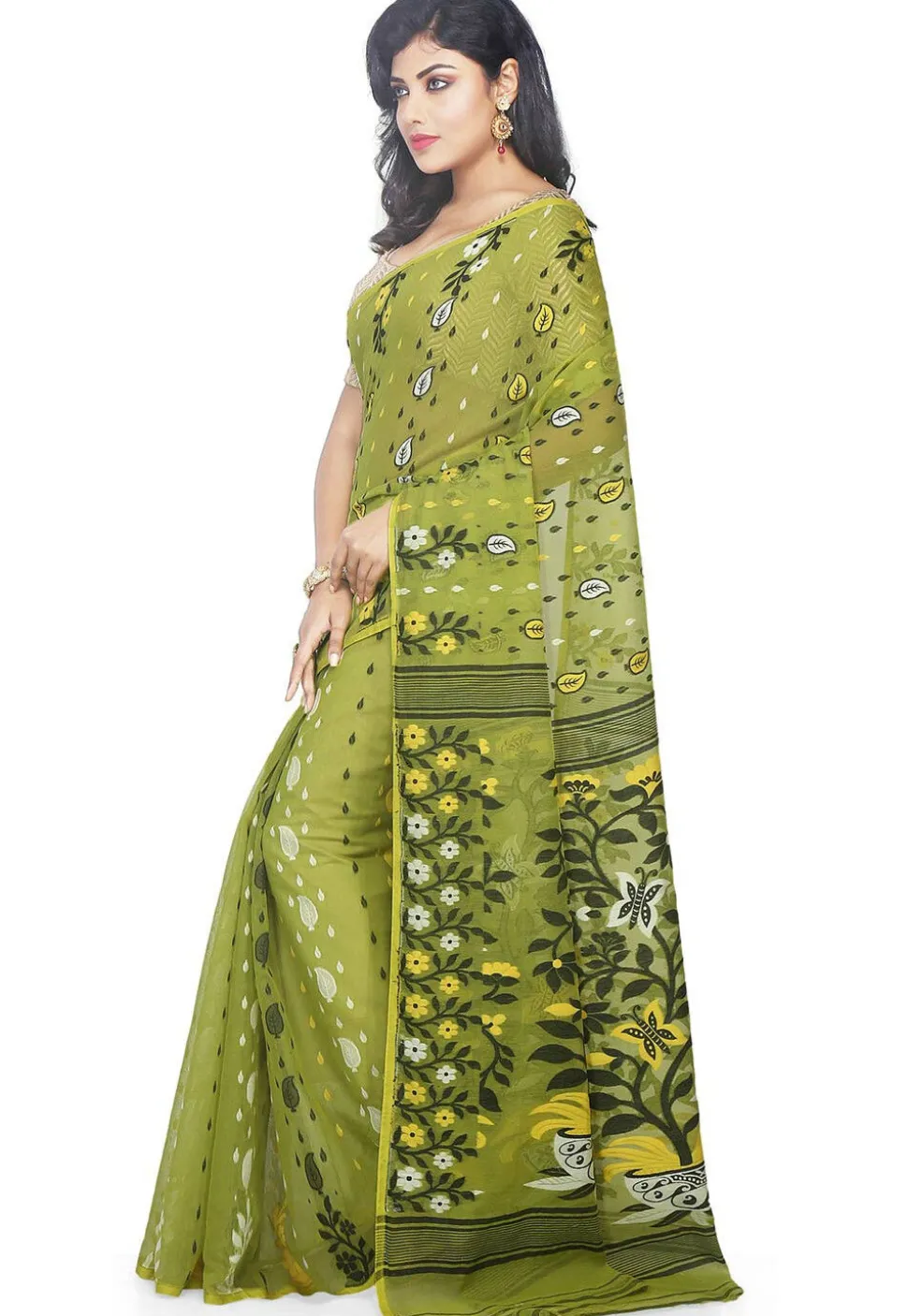 Jamdani Resham Silk Handloom Saree in Light Olive Green