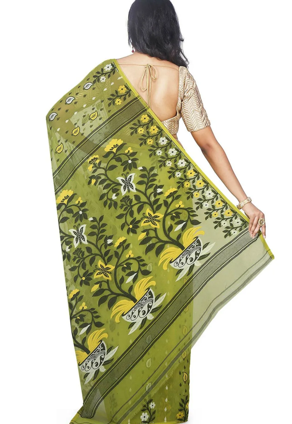 Jamdani Resham Silk Handloom Saree in Light Olive Green