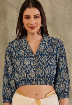 Kalamkari Printed Cotton Blouse in Navy Blue
