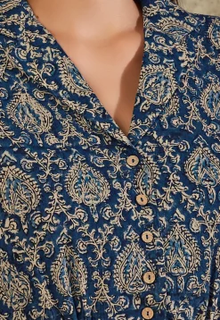 Kalamkari Printed Cotton Blouse in Navy Blue