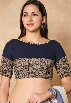 Kalamkari Printed Cotton Blouse in Navy Blue and Black