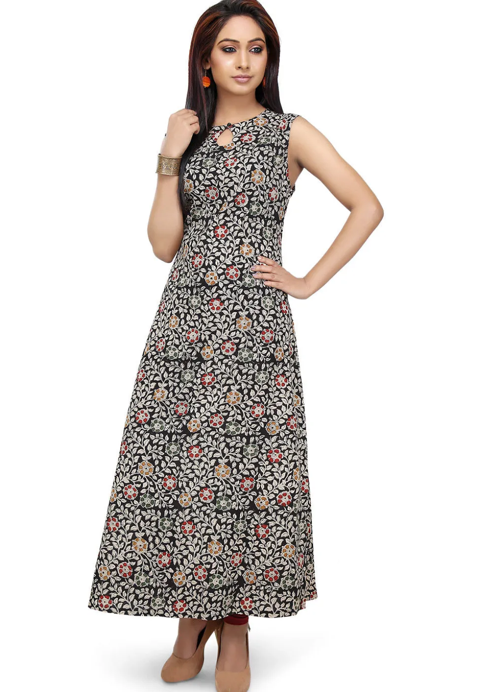 Kalamkari Printed Cotton Long Kurta in Black